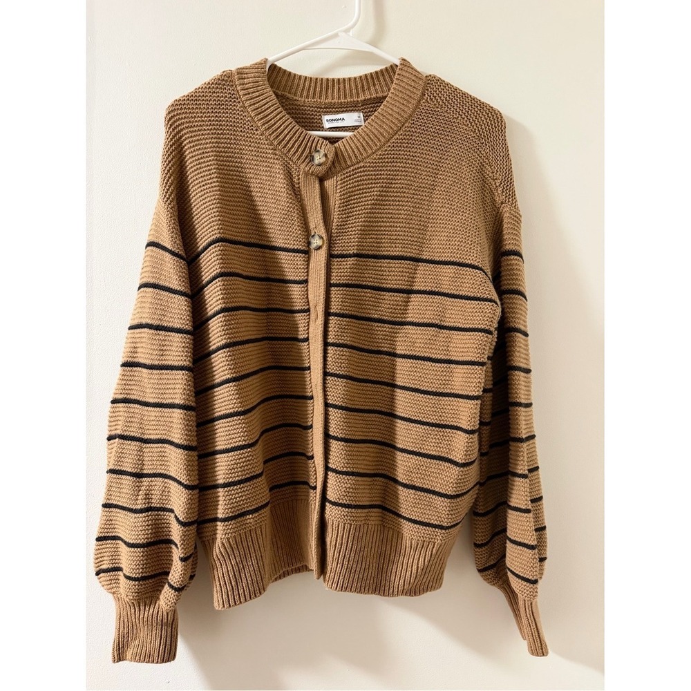 Sonoma Cardigan Womens Medium Tan Excellent Striped Button Front Knit Sweater